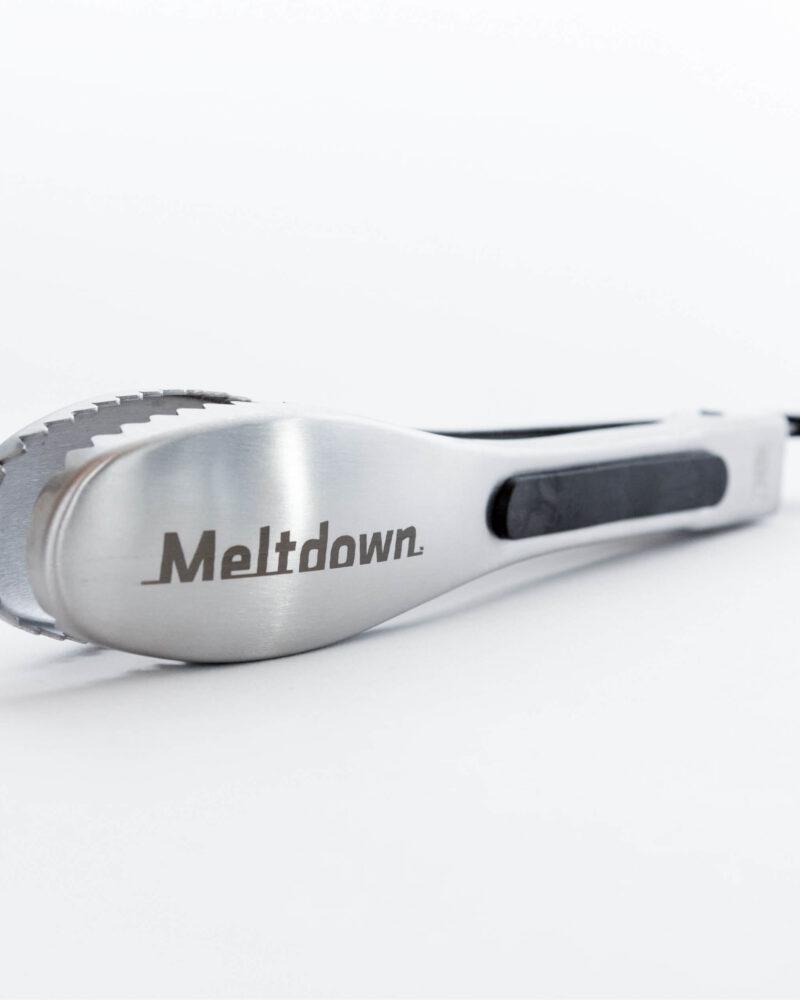 Meltdown branded steel ice tongs with black rubber handles