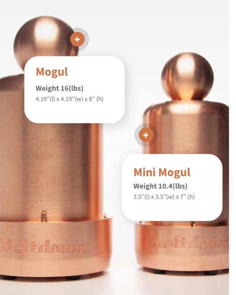 Meltdown Mogul and Meltdown Mini mogul copper ice presses with info graphic displaying their weights (16 lbs & 10.4 lbs)