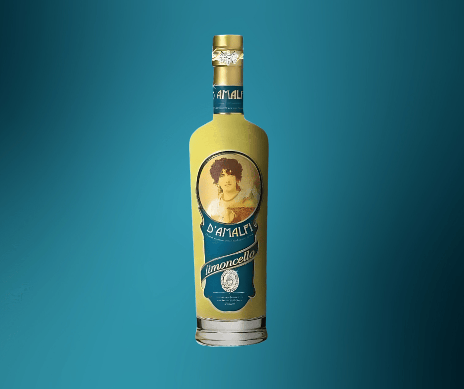 A bottle of DAmalfi Limoncello with a yellow label featuring a vintage portrait of a woman, set against a blue gradient background.